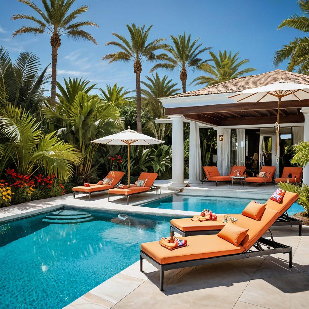 A luxurious poolside scene featuring fashionable individuals reclining on sunbeds, adorned in chic summer outfits. Brightly colored swimsuits and stylish accessories are highlighted under the sun, with palm trees and a shimmering pool in the background. Include vibrant summer flowers and refreshing cocktails to enhance the glamorous vibe. The overall atmosphere exudes luxury and trendiness. super-realistic. vibrant colors. sunny atmosphere.
