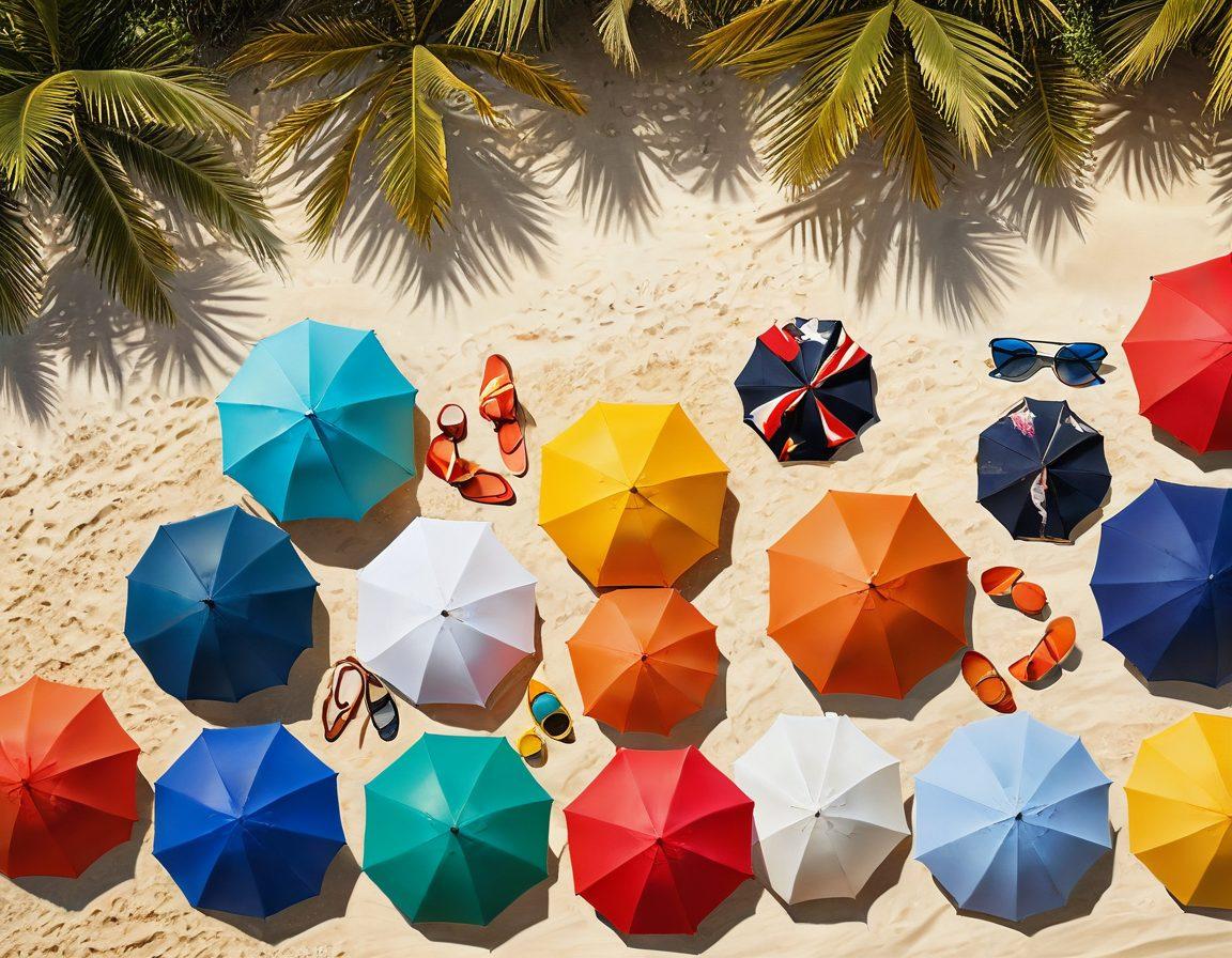 A sun-kissed beach scene featuring a variety of chic bikinis and stylish beachwear displayed on vibrant beach umbrellas, surrounded by golden sand, palm trees, and gentle waves. Include playful beach accessories like sunglasses and hats, creating a fun and inviting atmosphere. Capture the essence of summer in bright, bold colors. bright and colorful. tropical vibe. 3D.