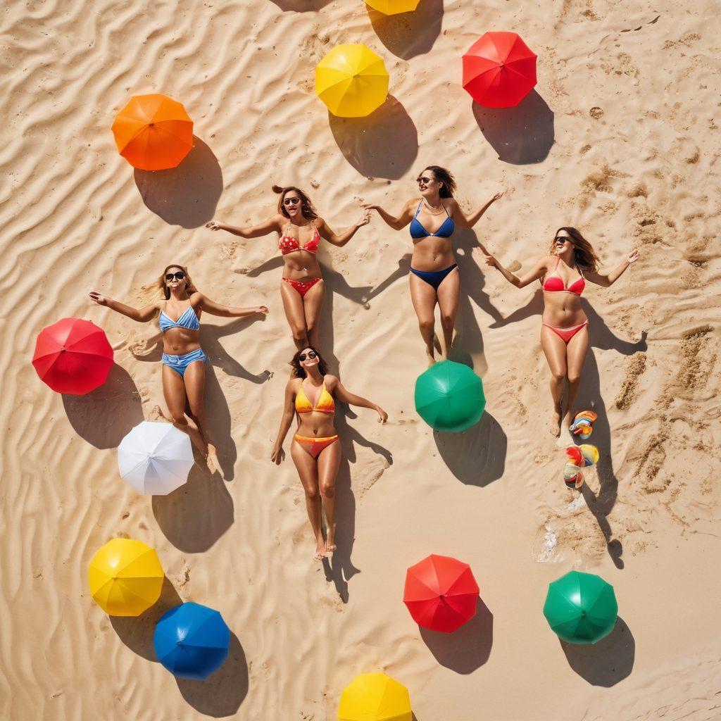 A vibrant beach scene featuring a diverse group of fashionable individuals showcasing the latest trends in swimwear, surrounded by sun-kissed sand, colorful beach umbrellas, and crystal-clear waves. Incorporate playful elements like beach balls and tropical plants to emphasize the summer vibe. Capture the essence of joy and style with bright sunlight and dynamic poses. super-realistic. vibrant colors. playful atmosphere.